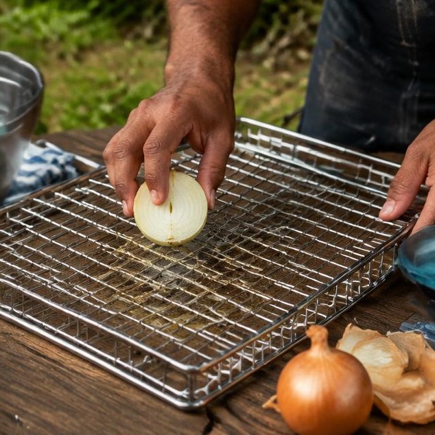 Cleaning a braai grid with an onion
