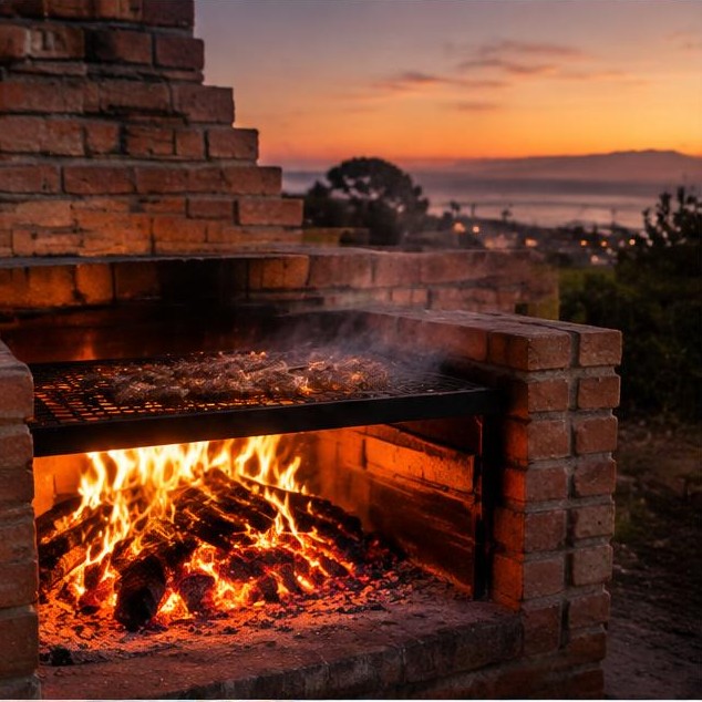 A glowing braai fire at dusk