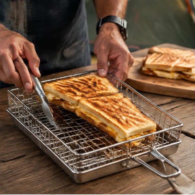 Preparing braaibroodjies in a hinged grid
