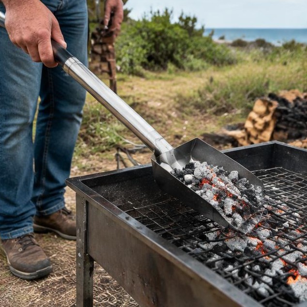 Moving coals with a long-handled spade